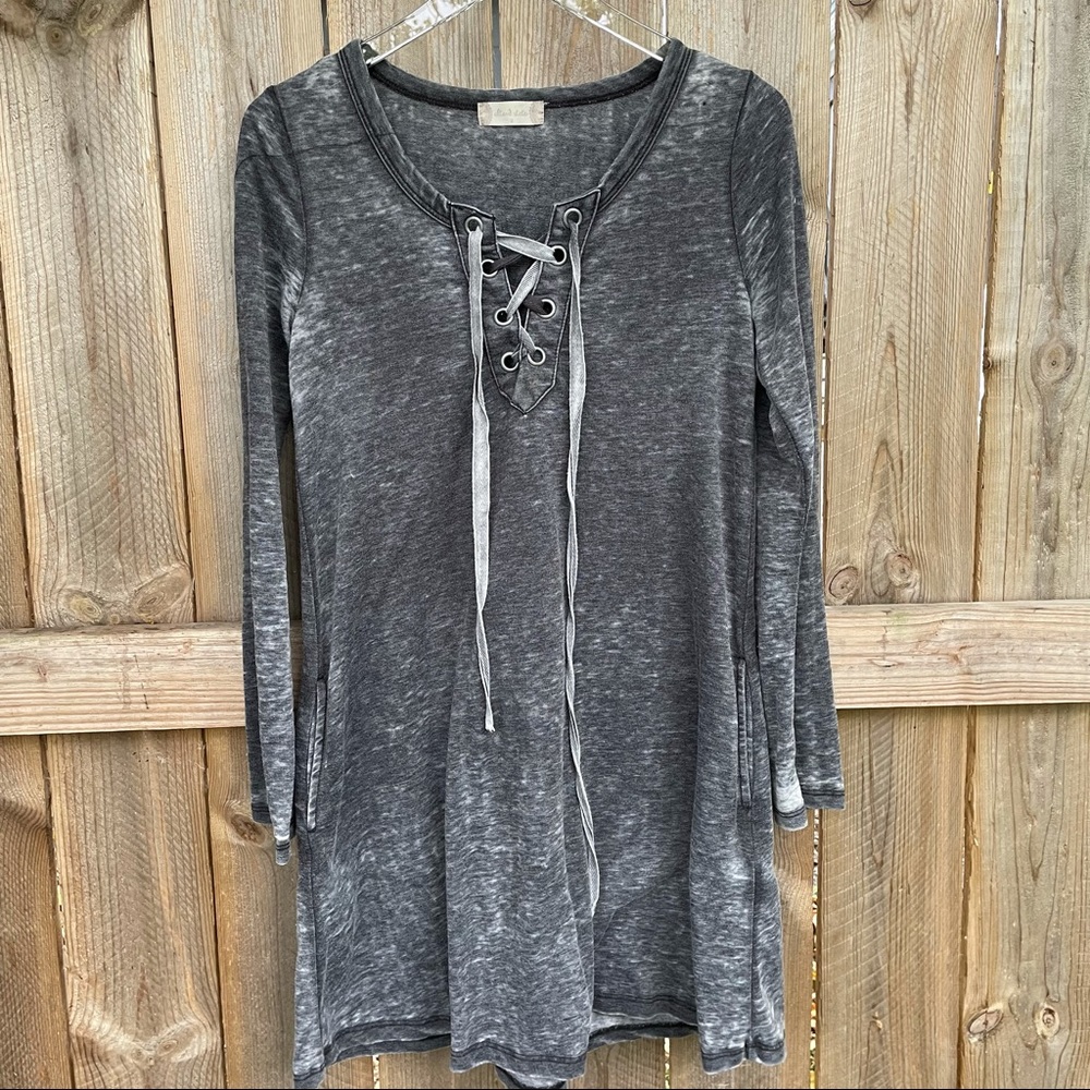 Altar’d State Dress gray tie front pockets small boho distressed